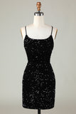 Tirantes de Espagueti Negro Vestido de Lentejuelas