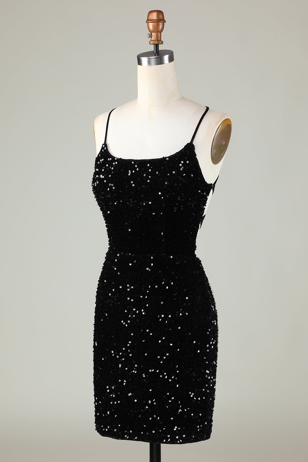 Tirantes de Espagueti Negro Vestido de Lentejuelas