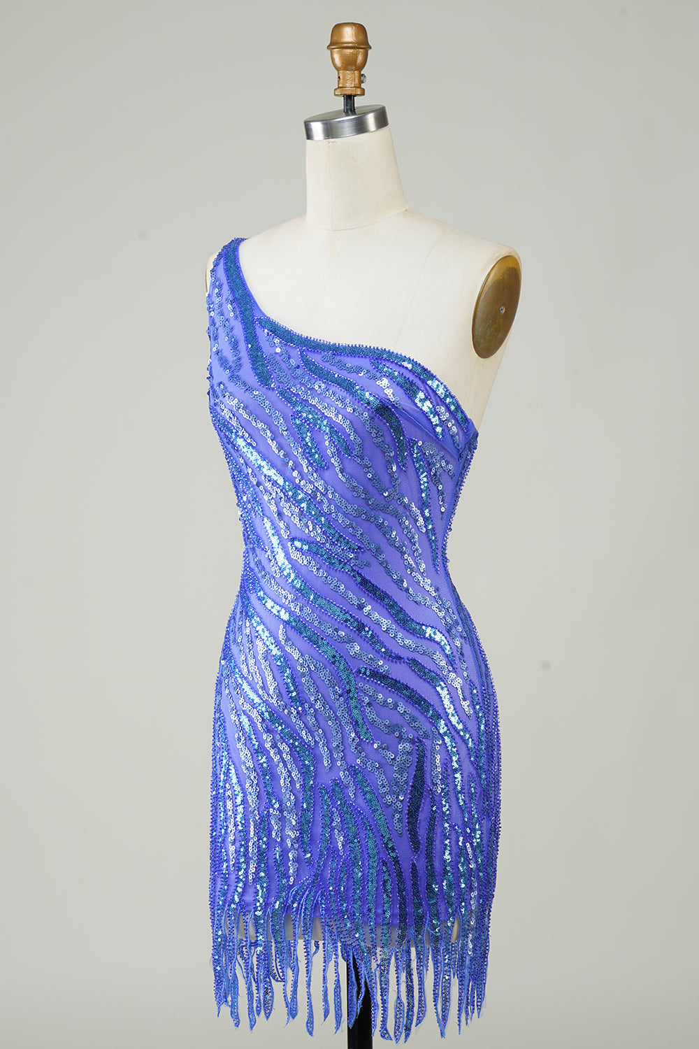 Vaina de un hombro Lentejuelas azules Vestido corto de bienvenida con borla