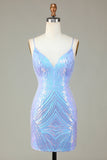 Sparkly Sheath Spaghetti Straps Blue Selents Short Homecoming Dress con espalda
