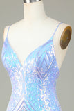 Sparkly Sheath Spaghetti Straps Blue Selents Short Homecoming Dress con espalda