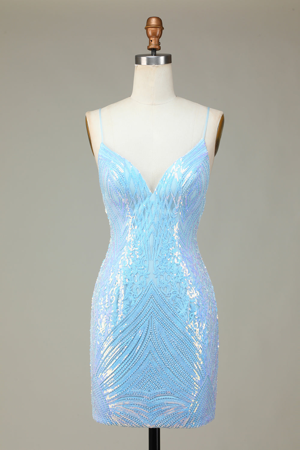 Sparkly Sheath Spaghetti Straps Blue Selents Short Homecoming Dress con espalda