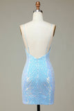 Sparkly Sheath Spaghetti Straps Blue Selents Short Homecoming Dress con espalda