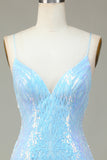 Sparkly Sheath Spaghetti Straps Blue Selents Short Homecoming Dress con espalda