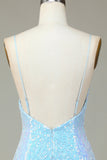 Sparkly Sheath Spaghetti Straps Blue Selents Short Homecoming Dress con espalda