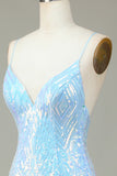 Sparkly Sheath Spaghetti Straps Blue Selents Short Homecoming Dress con espalda