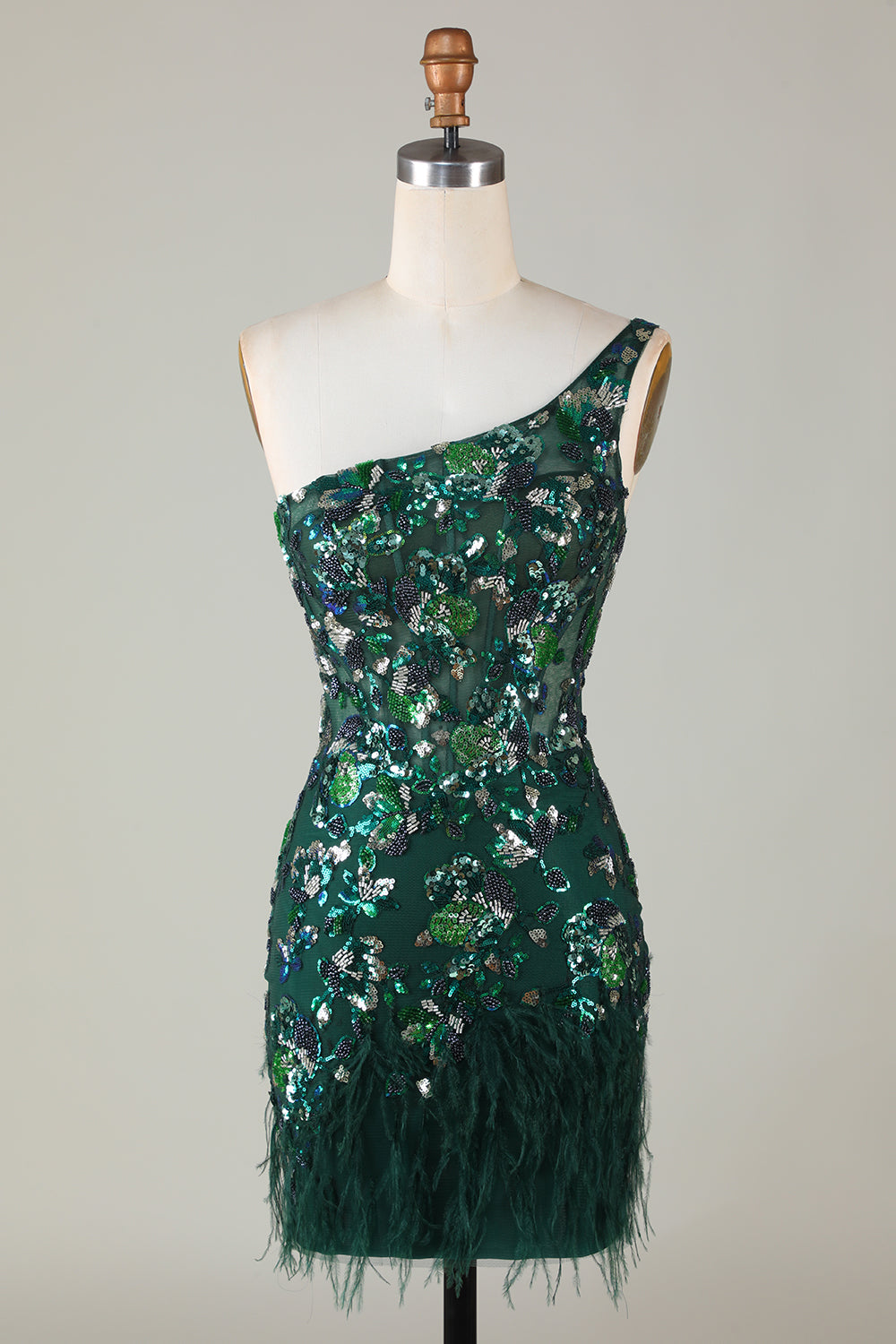 Bodycon One Shoulder Dark Green Selents Short Homecoming Dress con plumas