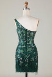 Bodycon One Shoulder Dark Green Selents Short Homecoming Dress con plumas