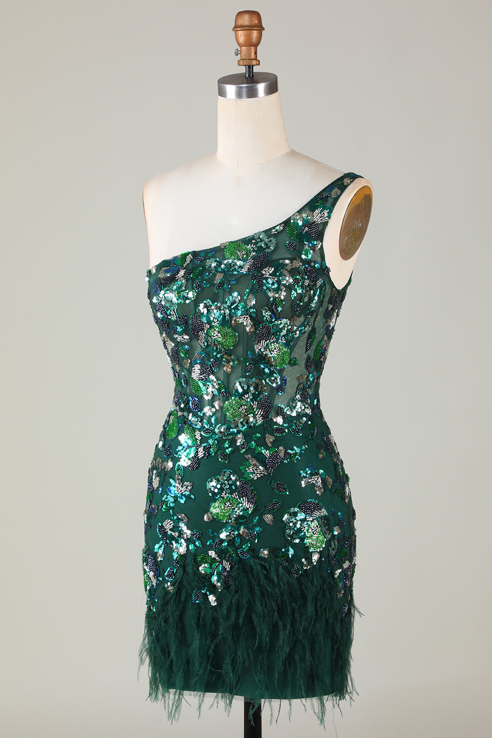 Bodycon One Shoulder Dark Green Selents Short Homecoming Dress con plumas