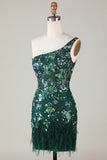 Bodycon One Shoulder Dark Green Selents Short Homecoming Dress con plumas