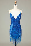 Vestido de noche corto con escote en V espalda con cordones y tirantes finos en azul brillante y cuentas