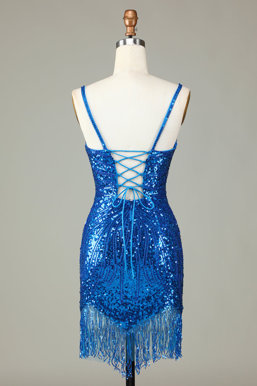 Vestido de noche corto con escote en V espalda con cordones y tirantes finos en azul brillante y cuentas