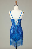 Vestido de noche corto con escote en V espalda con cordones y tirantes finos en azul brillante y cuentas