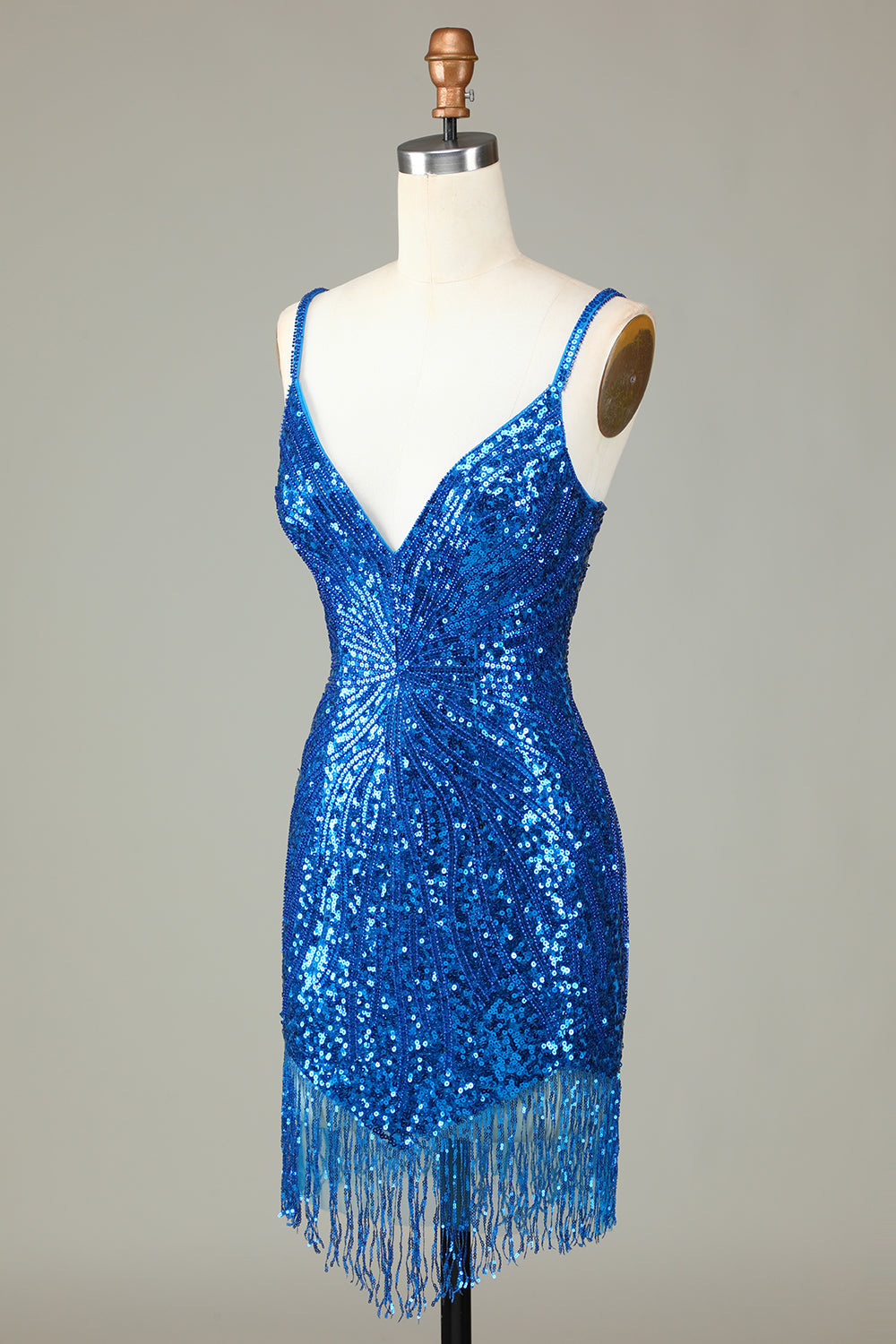 Vestido de noche corto con escote en V espalda con cordones y tirantes finos en azul brillante y cuentas