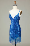 Vestido corto de cóctel azul con tirantes finos y brillantes de Selents con borlas