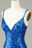 Vestido de noche corto con escote en V espalda con cordones y tirantes finos en azul brillante y cuentas