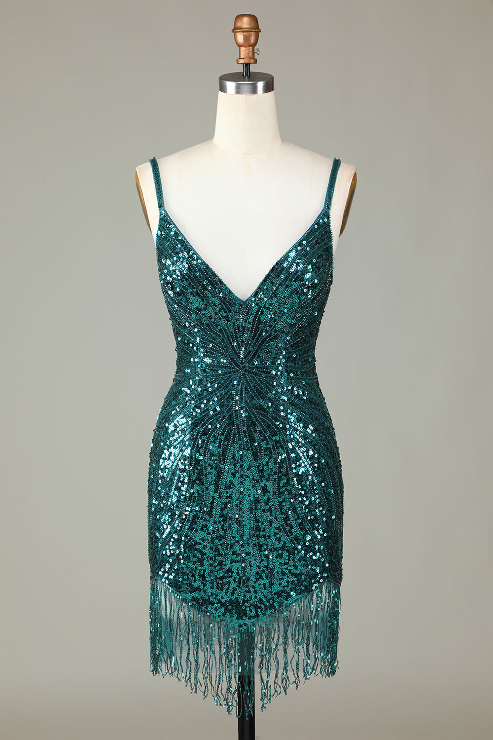 Vestido de noche corto con escote en V espalda con cordones y tirantes finos en azul brillante y cuentas