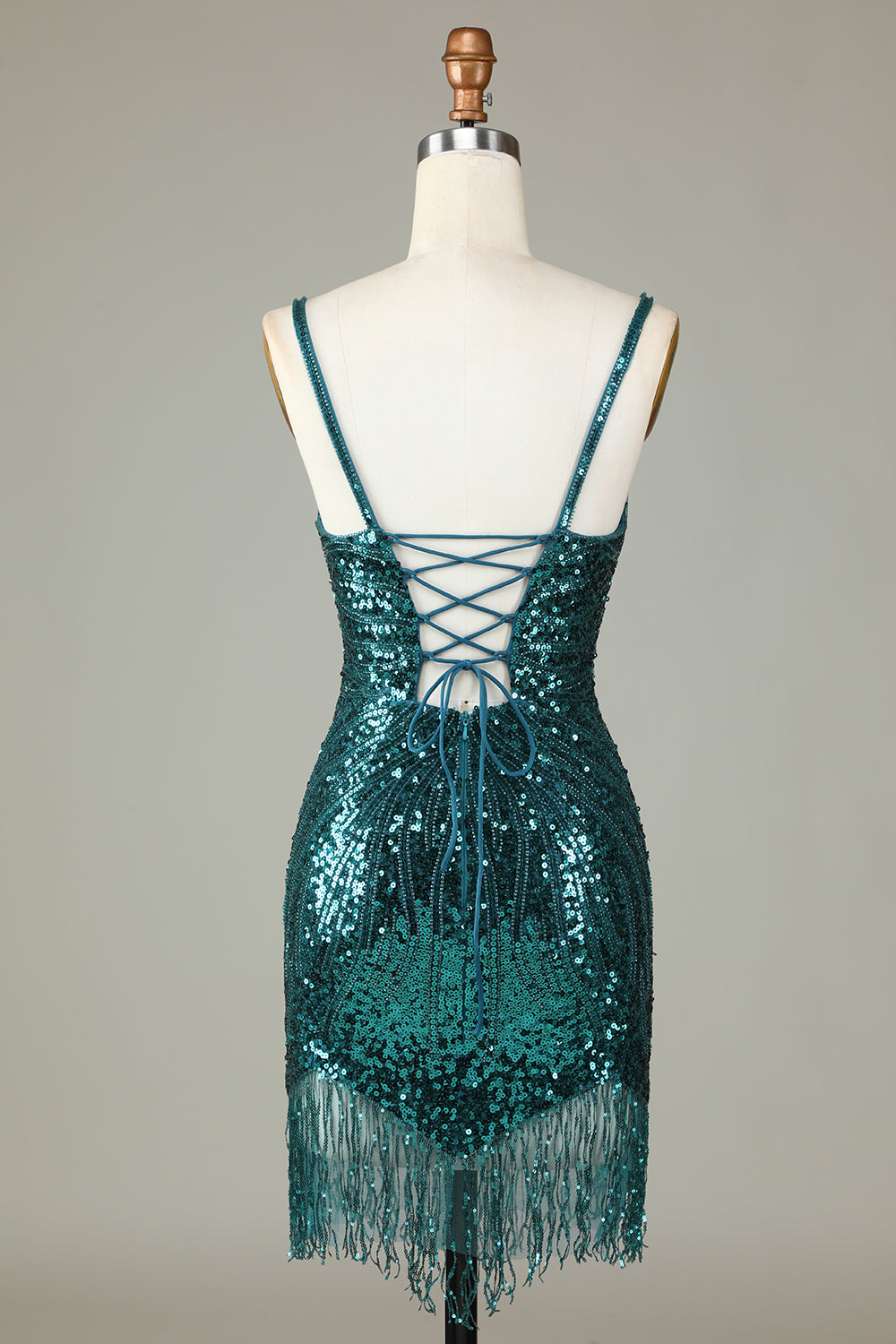 Vestido de noche corto con escote en V espalda con cordones y tirantes finos en azul brillante y cuentas