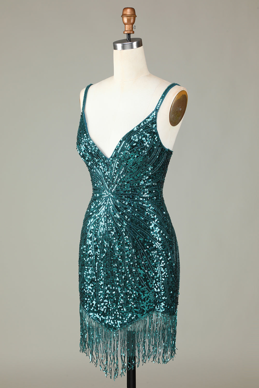 Vestido de noche corto con escote en V espalda con cordones y tirantes finos en azul brillante y cuentas