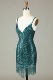 Vestido de noche corto con escote en V espalda con cordones y tirantes finos en azul brillante y cuentas