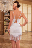 Bodycon Spaghetti Trapes Lentejuelas Blancas Vestido de fiesta de la década de 1920 con borla