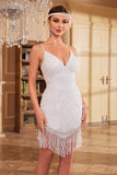 Bodycon Spaghetti Trapes Lentejuelas Blancas Vestido de fiesta de la década de 1920 con borla