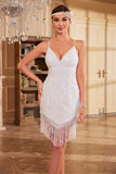 Bodycon Spaghetti Trapes Lentejuelas Blancas Vestido de fiesta de la década de 1920 con borla