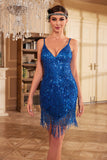 Bodycon Spaghetti Trapes Lentejuelas Blancas Vestido de fiesta de la década de 1920 con borla