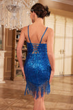 Bodycon Spaghetti Trapes Lentejuelas Blancas Vestido de fiesta de la década de 1920 con borla