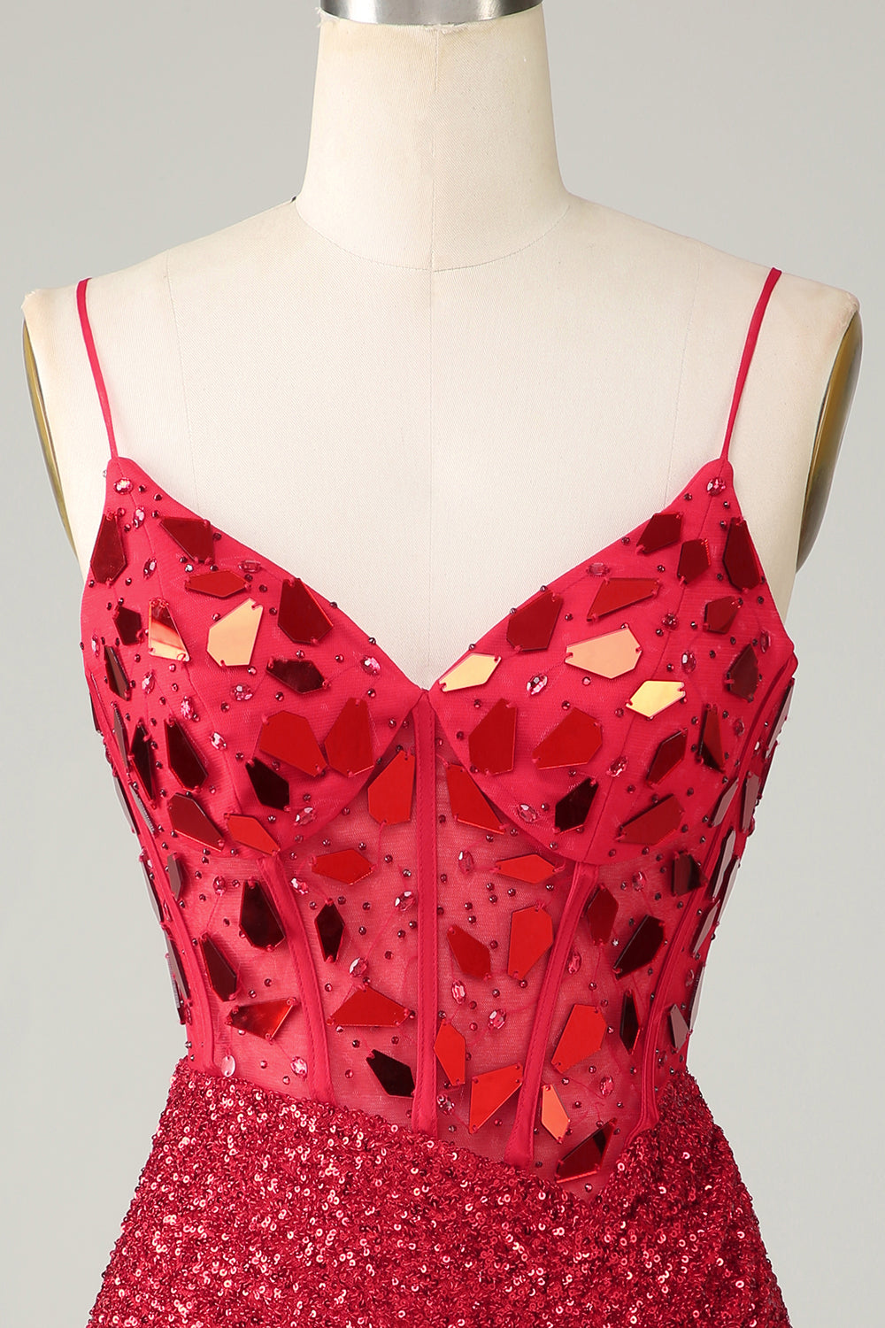 Corsé rojo brillante Espejo de lentejuelas Vestido ajustado de bienvenida