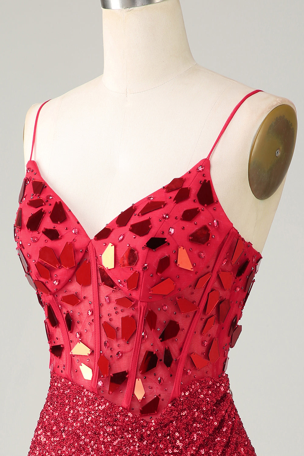 Corsé rojo brillante Espejo de lentejuelas Vestido ajustado de bienvenida