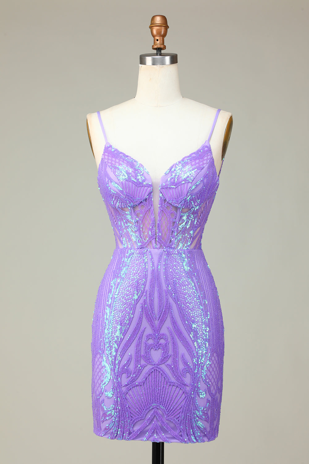 Elegante Bodycon Spaghetti Straps Lilac Selentejuelas Corsé Homecoming Vestido con Criss Cross Back