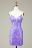 Elegante Bodycon Spaghetti Straps Lilac Selentejuelas Corsé Homecoming Vestido con Criss Cross Back