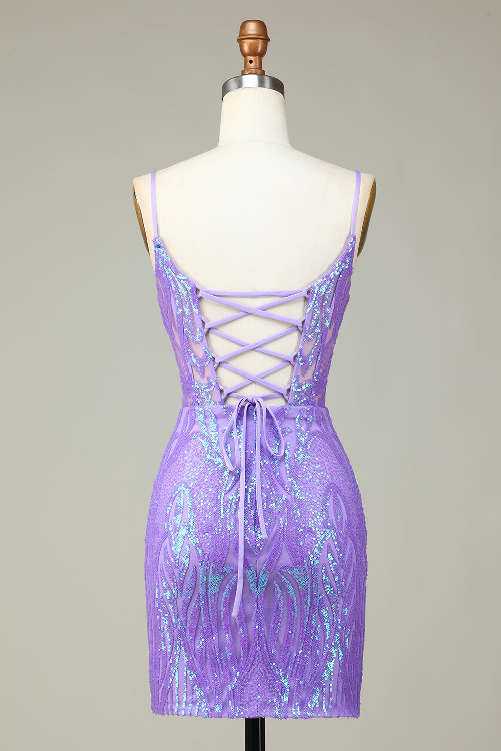 Elegante Bodycon Spaghetti Straps Lilac Selentejuelas Corsé Homecoming Vestido con Criss Cross Back
