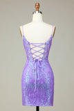 Elegante Bodycon Spaghetti Straps Lilac Selentejuelas Corsé Homecoming Vestido con Criss Cross Back