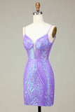 Elegante Bodycon Spaghetti Straps Lilac Selentejuelas Corsé Homecoming Vestido con Criss Cross Back