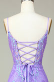 Elegante Bodycon Spaghetti Straps Lilac Selentejuelas Corsé Homecoming Vestido con Criss Cross Back
