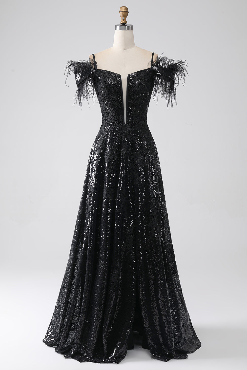 Vestido de fiesta largo de lentejuelas de hombros fríos de una línea con abertura