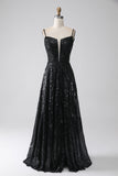 Vestido de fiesta largo de lentejuelas de hombros fríos de una línea con abertura