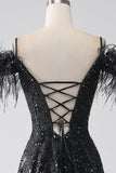 Vestido de fiesta largo de lentejuelas de hombros fríos de una línea con abertura