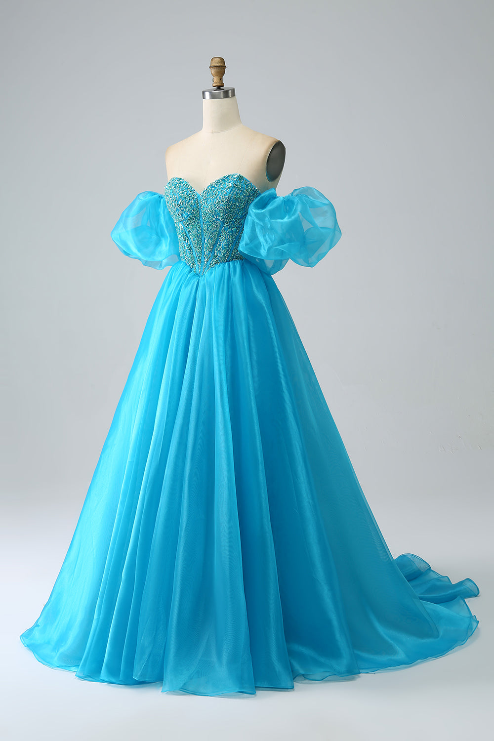 Vestido de fiesta con corsé de cuentas azules y mangas desmontables