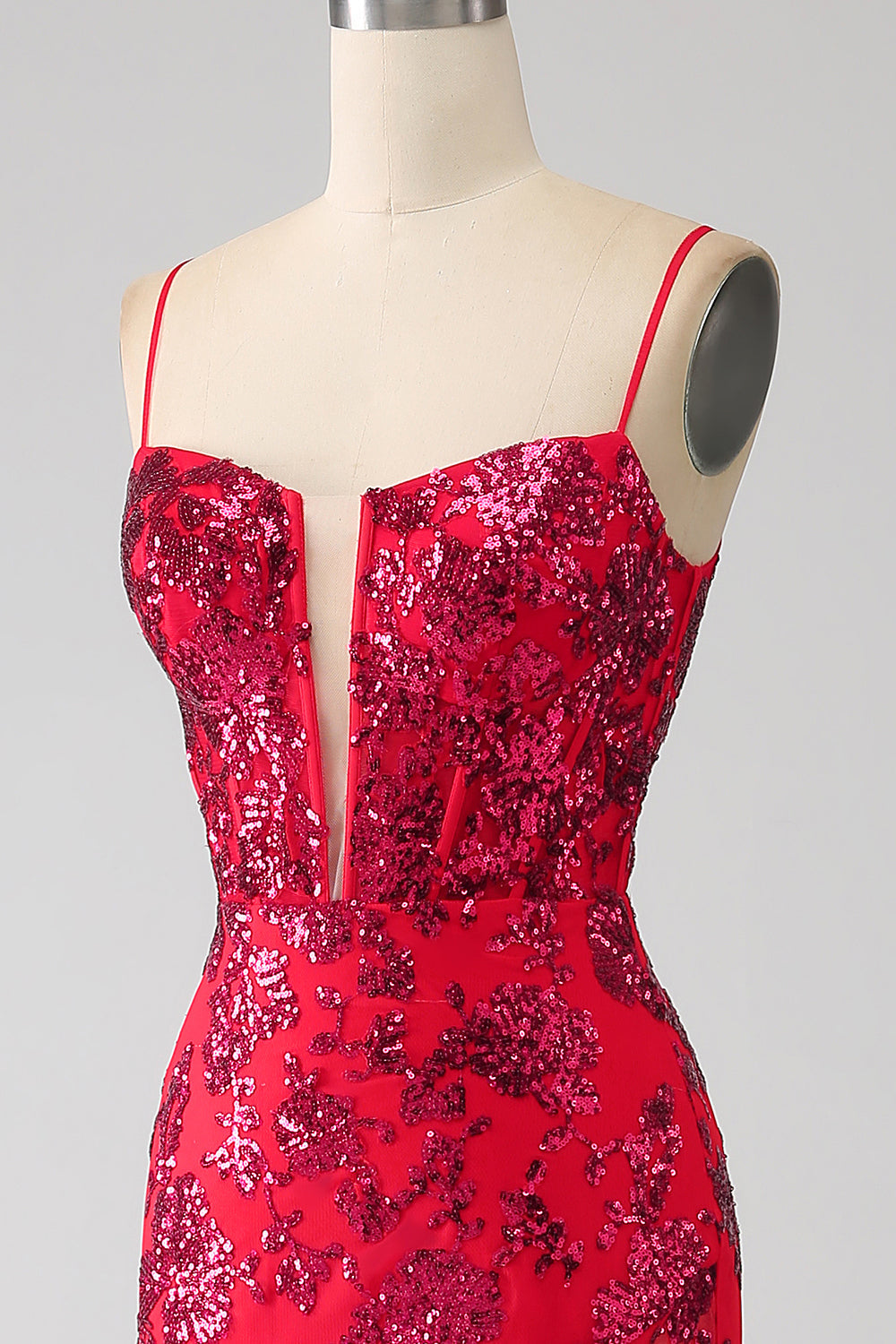 Vestido de fiesta de lentejuelas rojo oscuro sirena con abertura