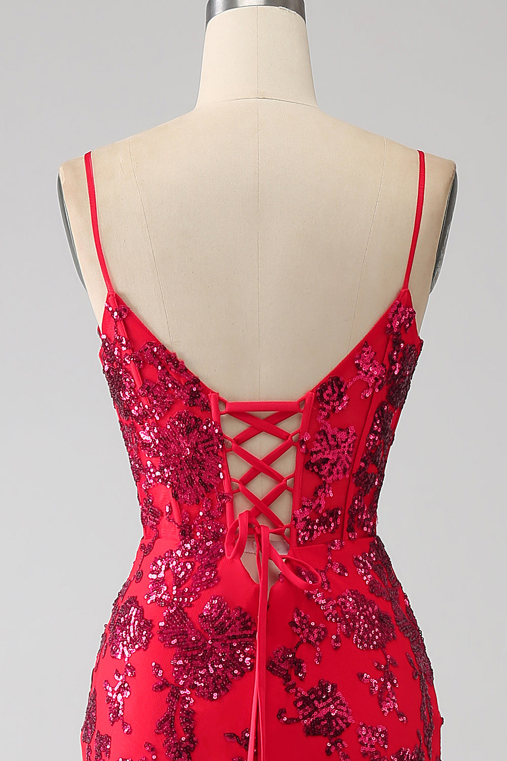 Vestido de fiesta de lentejuelas rojo oscuro sirena con abertura