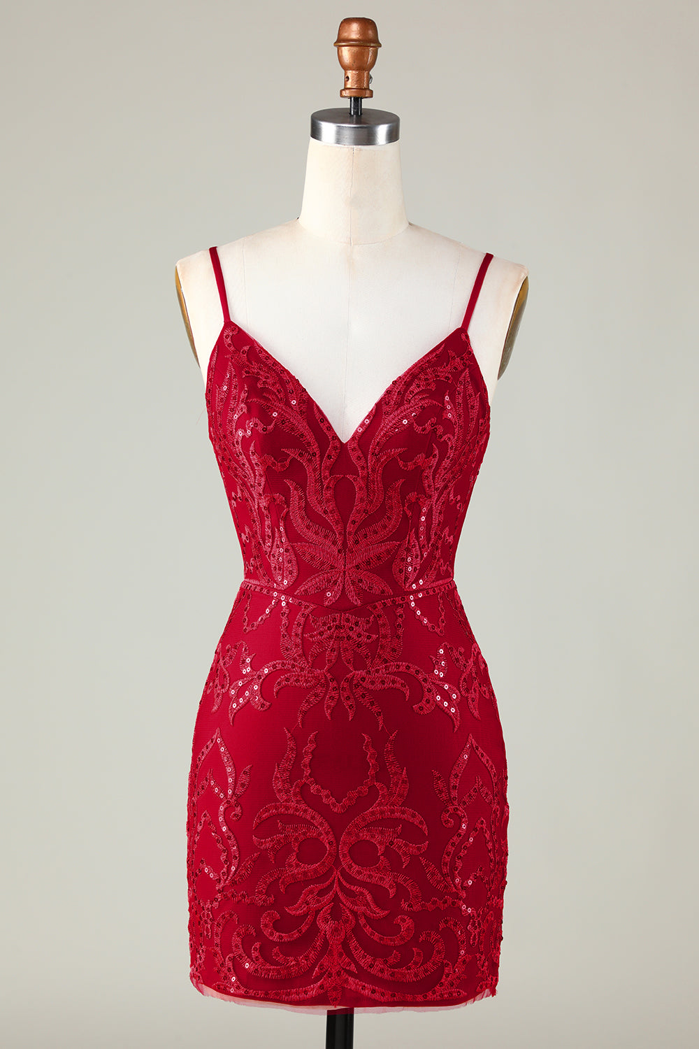 Lentejuelas Rojo Oscuro Correas de Espagueti Vestido Corto