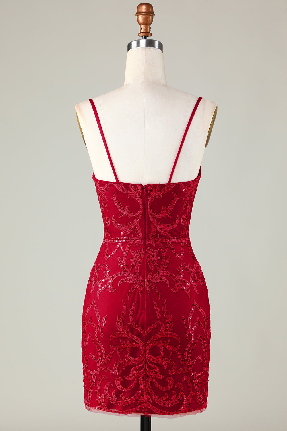 Lentejuelas Rojo Oscuro Correas de Espagueti Vestido Corto