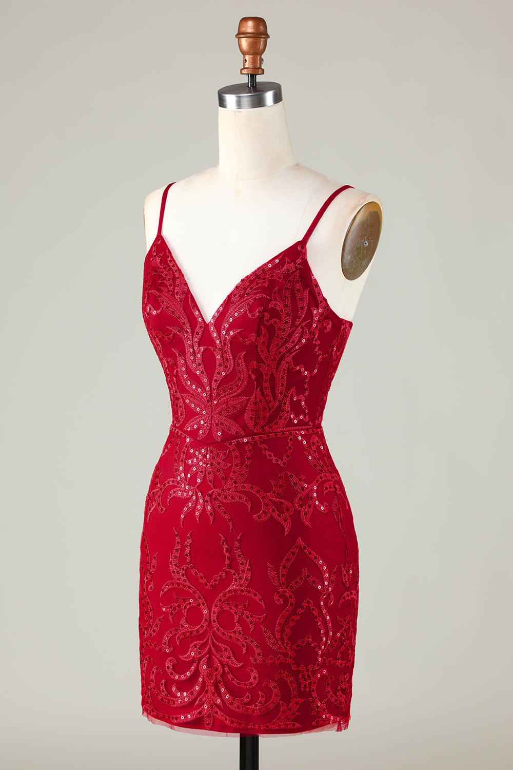 Lentejuelas Rojo Oscuro Correas de Espagueti Vestido Corto