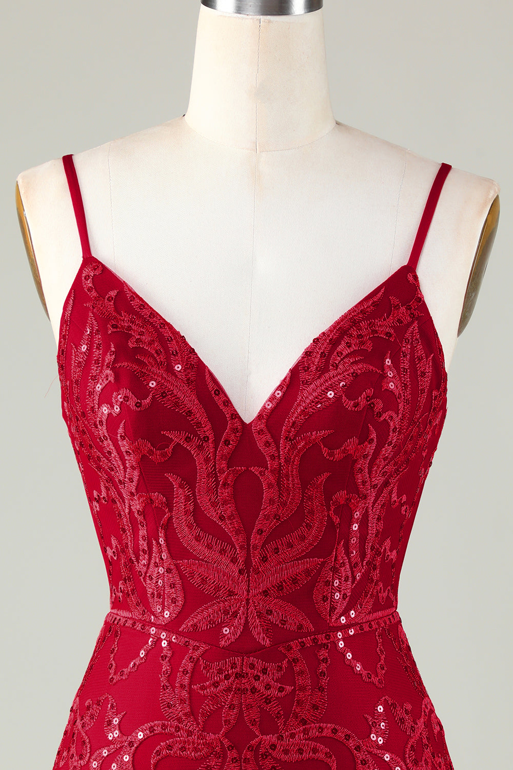 Lentejuelas Rojo Oscuro Correas de Espagueti Vestido Corto