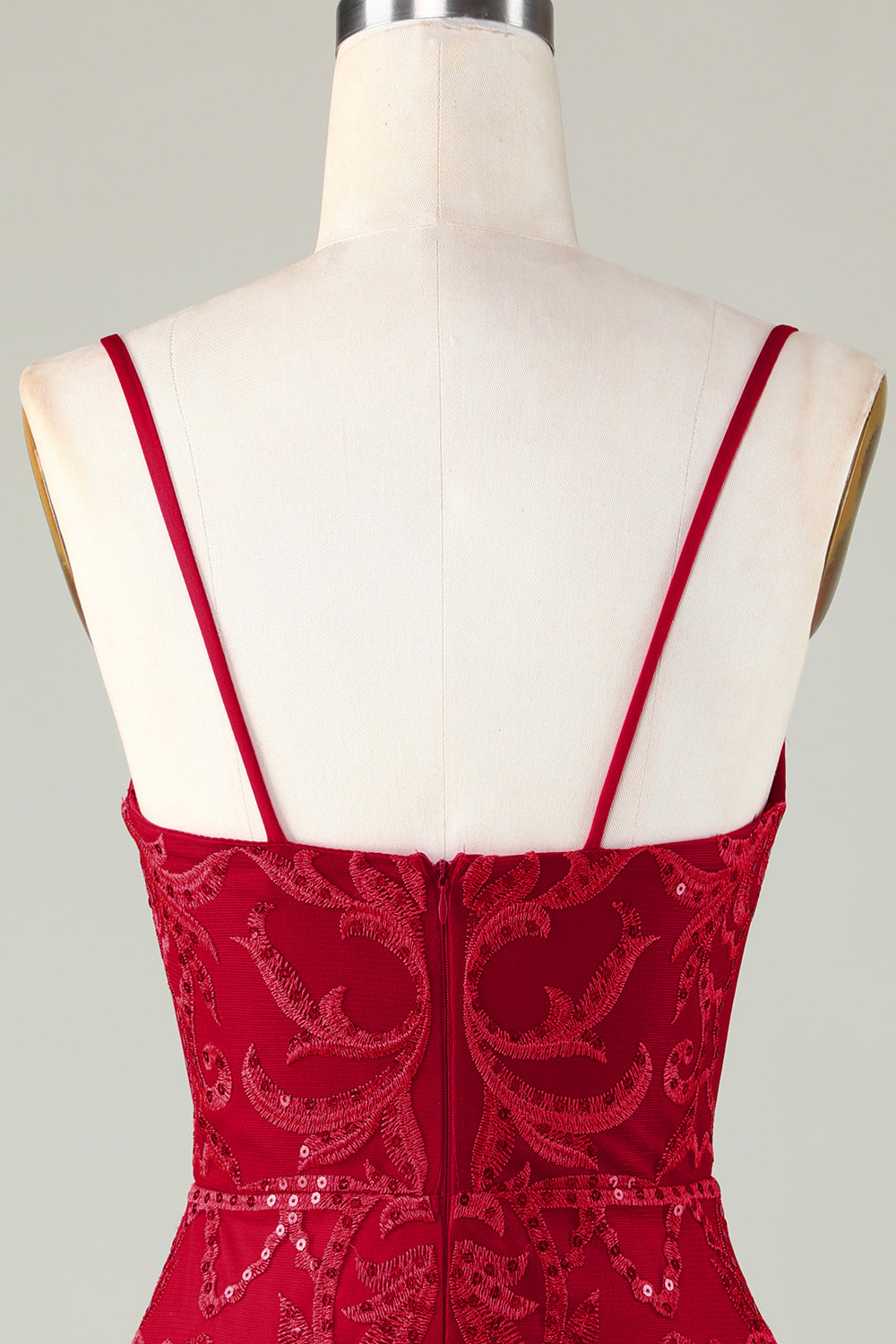 Lentejuelas Rojo Oscuro Correas de Espagueti Vestido Corto