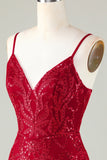 Lentejuelas Rojo Oscuro Correas de Espagueti Vestido Corto