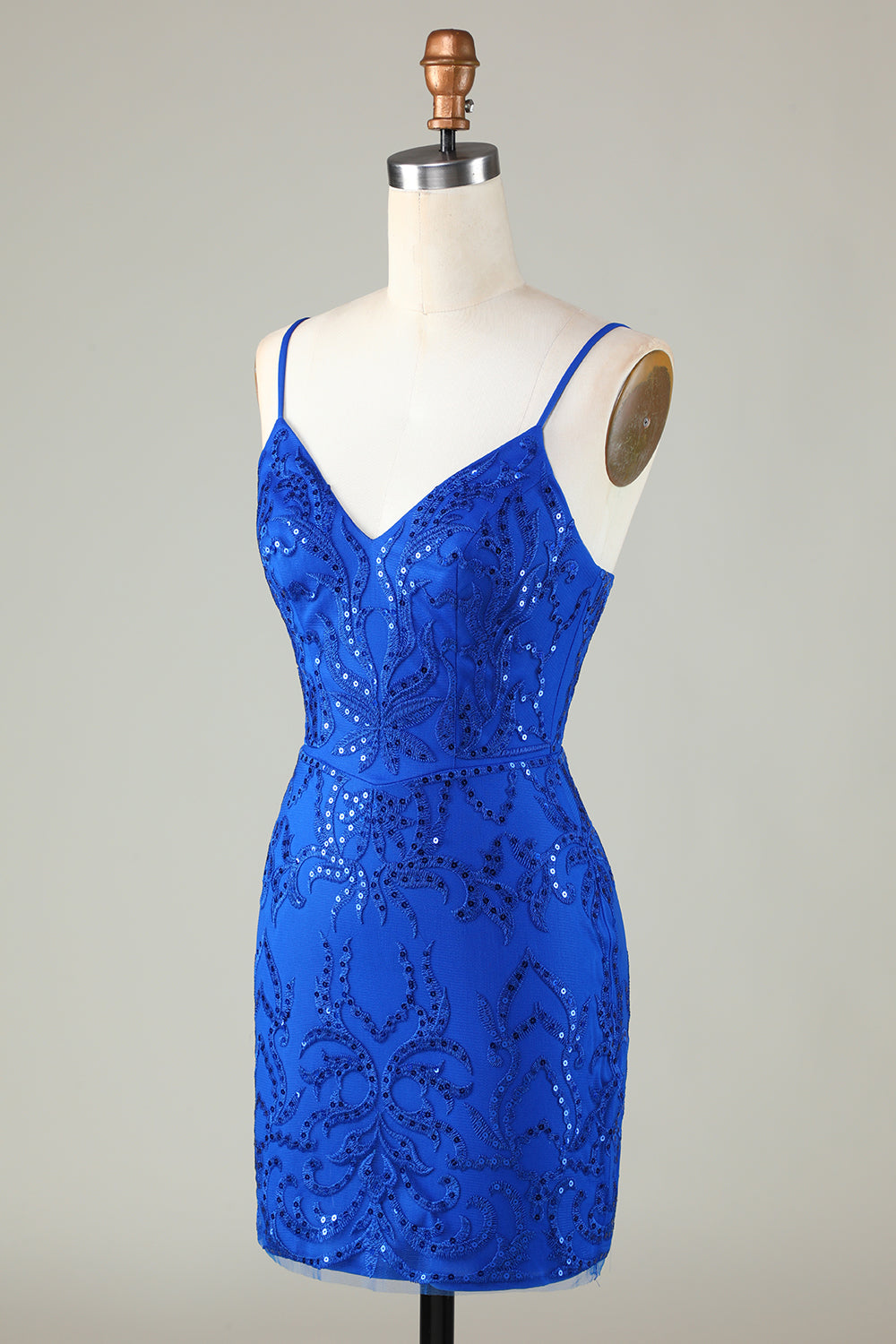 Lentejuelas Azul Real Correas de Espagueti Vestido Corto